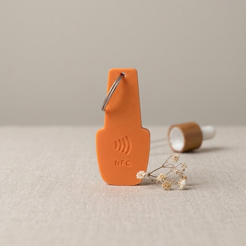 Klientka przykłada telefon do breloka NFC NailFlow i rezerwuje wizytę